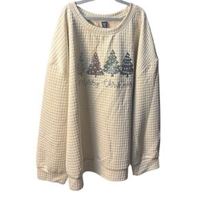 Shein Curve Christmas Sweatshirt Quilted Crew Neck Cream "Merry Xmas"‎ Size 4XL